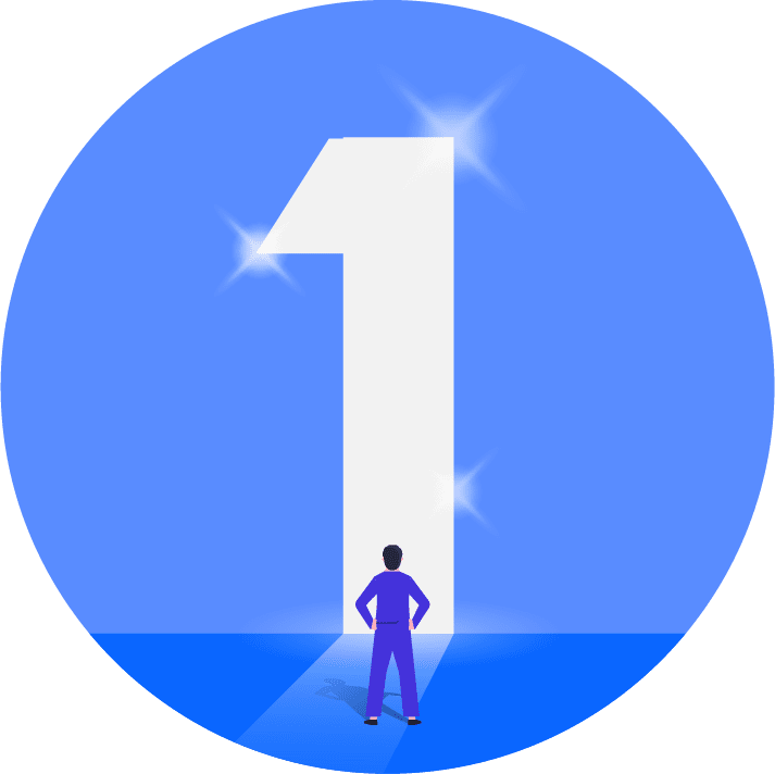 赤い円の中に白い「1」の数字が描かれ、そこに向かって歩く人物のシルエットが配置されており、目標達成への道のりを象徴している