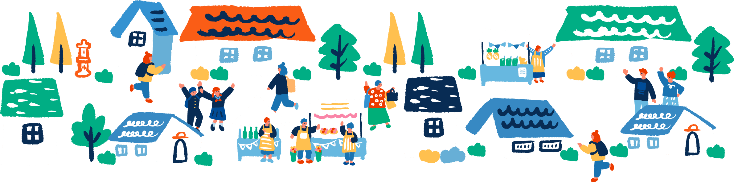 村全体に活気があり、住民たちが交流を楽しむ和やかな雰囲気のイラスト